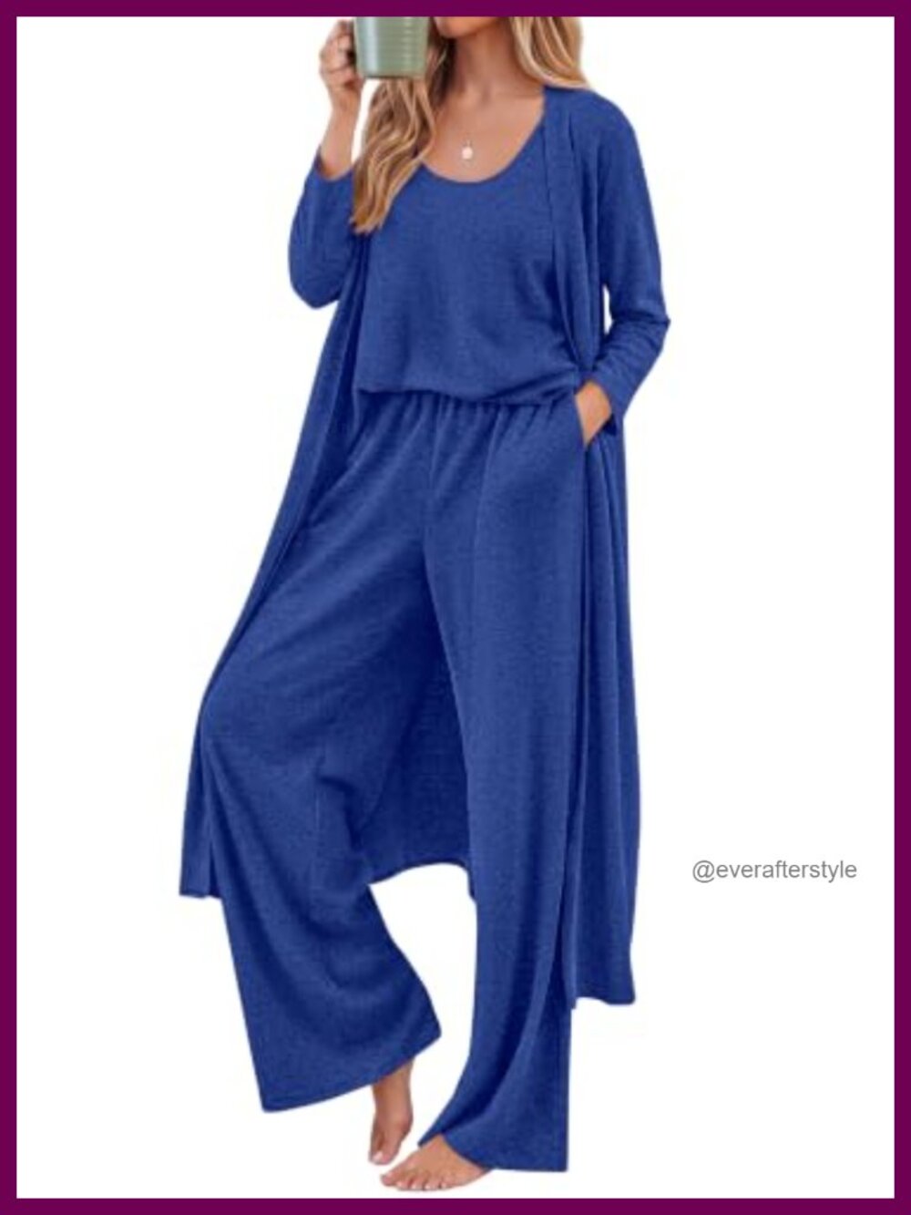 Womens 3 Piece Lounge Set Open Front Cardigan Tank Wide Leg Pants
